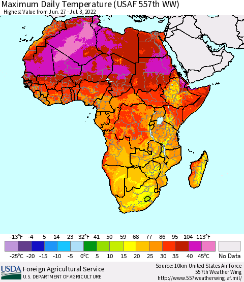 Africa Maximum Daily Temperature (USAF 557th WW) Thematic Map For 6/27/2022 - 7/3/2022