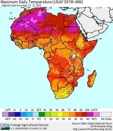 Africa Maximum Daily Temperature (USAF 557th WW) Thematic Map For 8/15/2022 - 8/21/2022