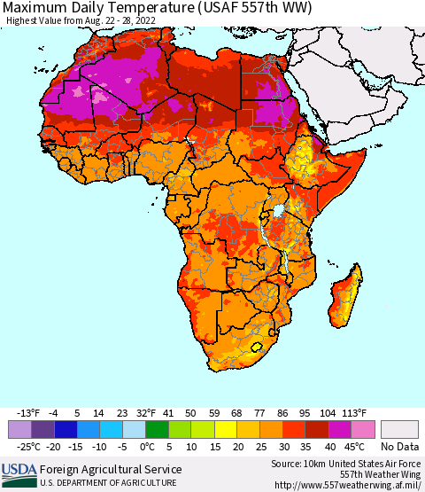Africa Maximum Daily Temperature (USAF 557th WW) Thematic Map For 8/22/2022 - 8/28/2022