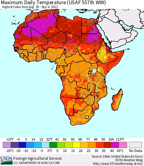 Africa Maximum Daily Temperature (USAF 557th WW) Thematic Map For 8/29/2022 - 9/4/2022