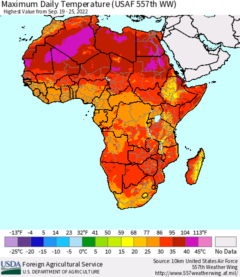 Africa Maximum Daily Temperature (USAF 557th WW) Thematic Map For 9/19/2022 - 9/25/2022