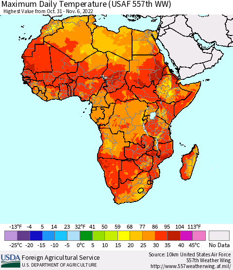Africa Maximum Daily Temperature (USAF 557th WW) Thematic Map For 10/31/2022 - 11/6/2022