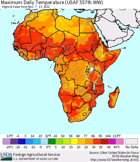 Africa Maximum Daily Temperature (USAF 557th WW) Thematic Map For 11/7/2022 - 11/13/2022
