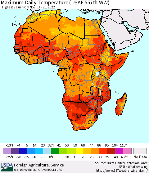 Africa Maximum Daily Temperature (USAF 557th WW) Thematic Map For 11/14/2022 - 11/20/2022