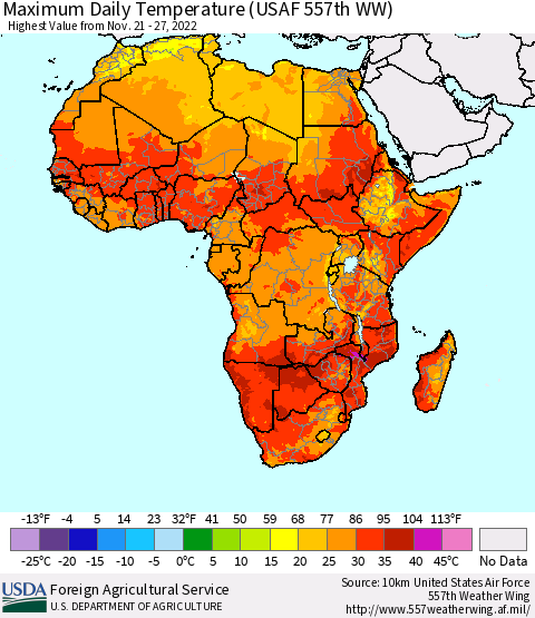 Africa Maximum Daily Temperature (USAF 557th WW) Thematic Map For 11/21/2022 - 11/27/2022