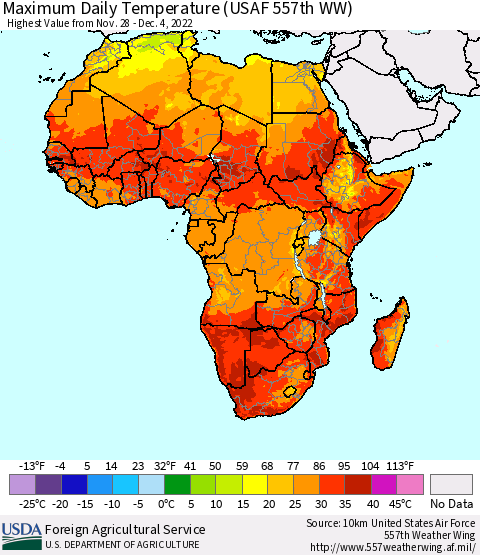 Africa Maximum Daily Temperature (USAF 557th WW) Thematic Map For 11/28/2022 - 12/4/2022