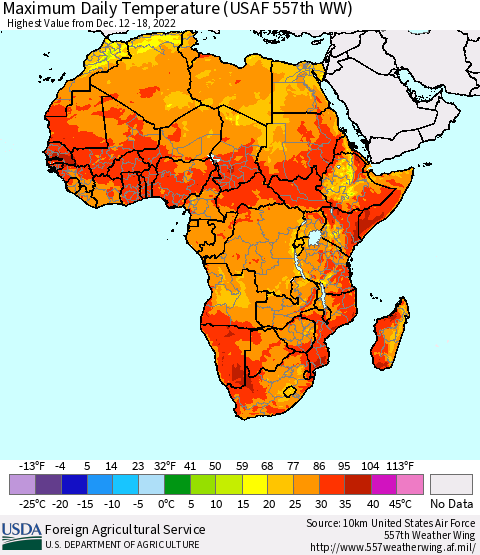 Africa Maximum Daily Temperature (USAF 557th WW) Thematic Map For 12/12/2022 - 12/18/2022