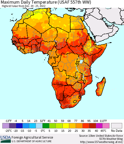 Africa Maximum Daily Temperature (USAF 557th WW) Thematic Map For 12/19/2022 - 12/25/2022