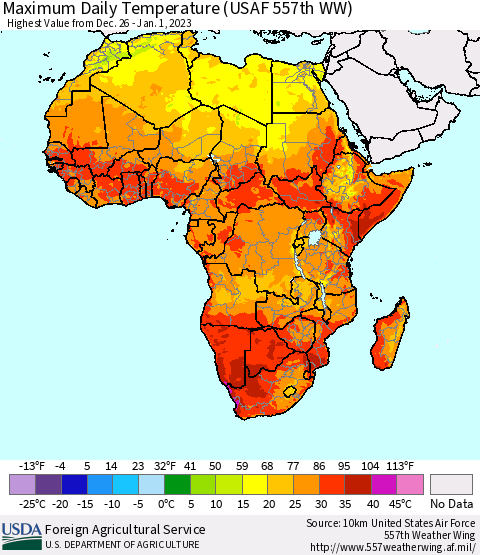 Africa Maximum Daily Temperature (USAF 557th WW) Thematic Map For 12/26/2022 - 1/1/2023