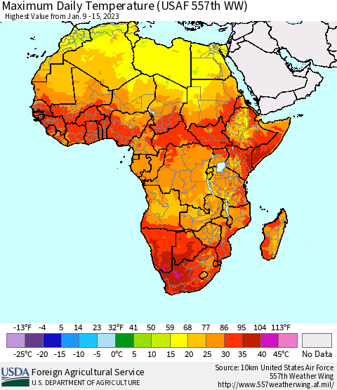 Africa Maximum Daily Temperature (USAF 557th WW) Thematic Map For 1/9/2023 - 1/15/2023
