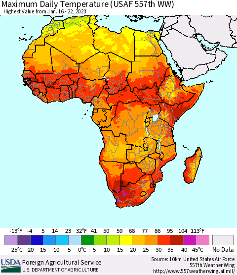 Africa Maximum Daily Temperature (USAF 557th WW) Thematic Map For 1/16/2023 - 1/22/2023
