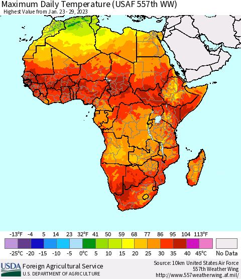Africa Maximum Daily Temperature (USAF 557th WW) Thematic Map For 1/23/2023 - 1/29/2023