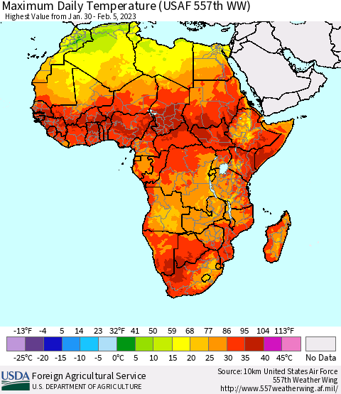 Africa Maximum Daily Temperature (USAF 557th WW) Thematic Map For 1/30/2023 - 2/5/2023