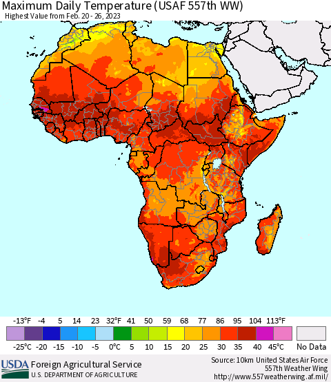 Africa Maximum Daily Temperature (USAF 557th WW) Thematic Map For 2/20/2023 - 2/26/2023