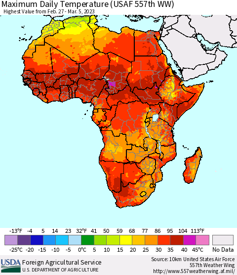Africa Maximum Daily Temperature (USAF 557th WW) Thematic Map For 2/27/2023 - 3/5/2023