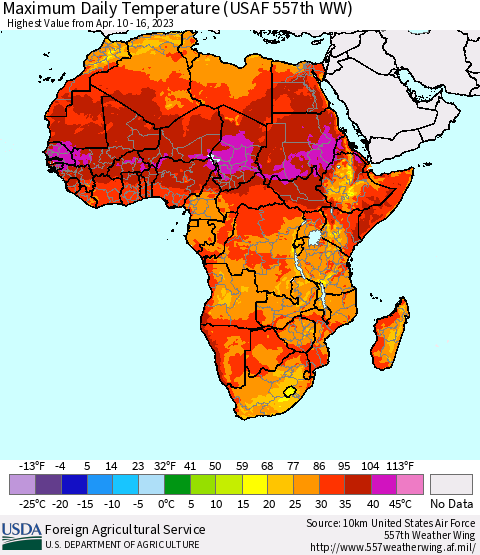 Africa Maximum Daily Temperature (USAF 557th WW) Thematic Map For 4/10/2023 - 4/16/2023