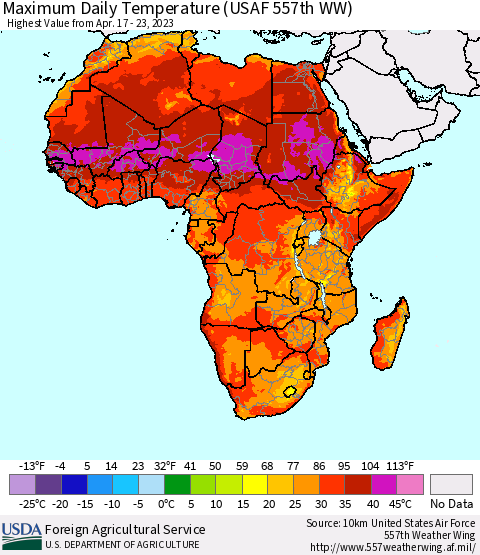 Africa Maximum Daily Temperature (USAF 557th WW) Thematic Map For 4/17/2023 - 4/23/2023