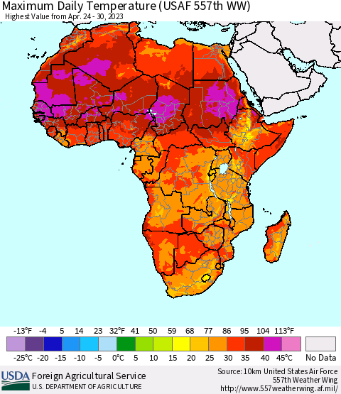 Africa Maximum Daily Temperature (USAF 557th WW) Thematic Map For 4/24/2023 - 4/30/2023