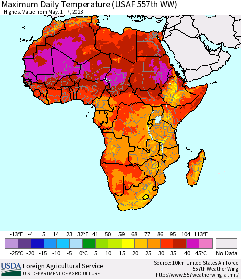 Africa Maximum Daily Temperature (USAF 557th WW) Thematic Map For 5/1/2023 - 5/7/2023