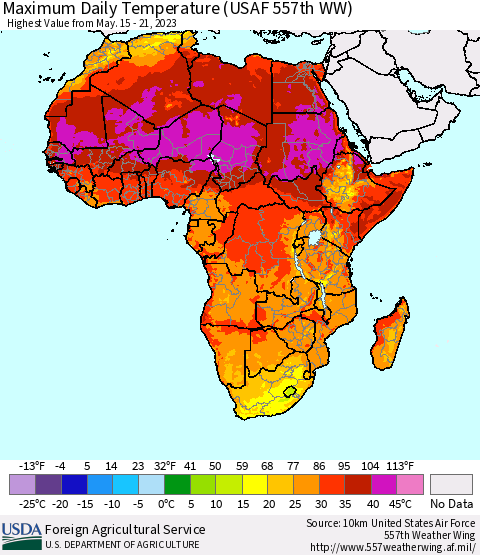 Africa Maximum Daily Temperature (USAF 557th WW) Thematic Map For 5/15/2023 - 5/21/2023