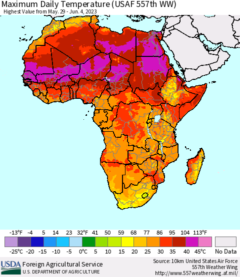 Africa Maximum Daily Temperature (USAF 557th WW) Thematic Map For 5/29/2023 - 6/4/2023