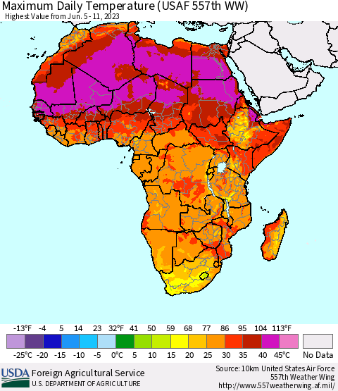Africa Maximum Daily Temperature (USAF 557th WW) Thematic Map For 6/5/2023 - 6/11/2023