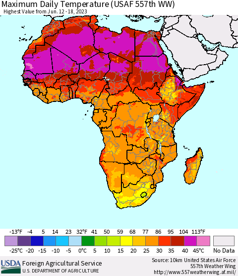 Africa Maximum Daily Temperature (USAF 557th WW) Thematic Map For 6/12/2023 - 6/18/2023