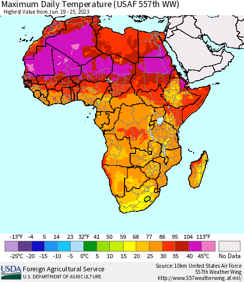 Africa Maximum Daily Temperature (USAF 557th WW) Thematic Map For 6/19/2023 - 6/25/2023