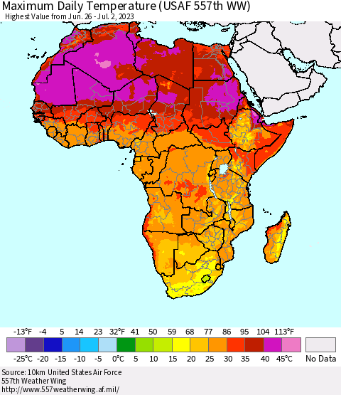 Africa Maximum Daily Temperature (USAF 557th WW) Thematic Map For 6/26/2023 - 7/2/2023