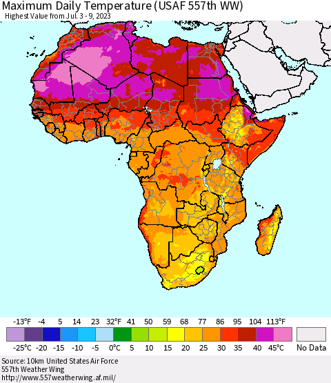 Africa Maximum Daily Temperature (USAF 557th WW) Thematic Map For 7/3/2023 - 7/9/2023
