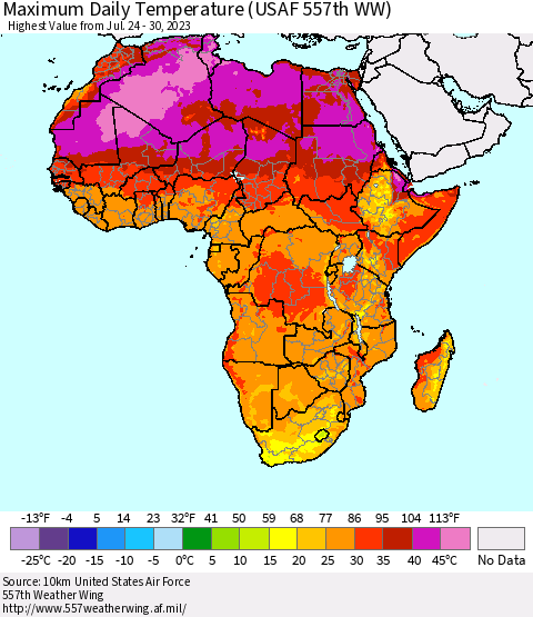Africa Maximum Daily Temperature (USAF 557th WW) Thematic Map For 7/24/2023 - 7/30/2023