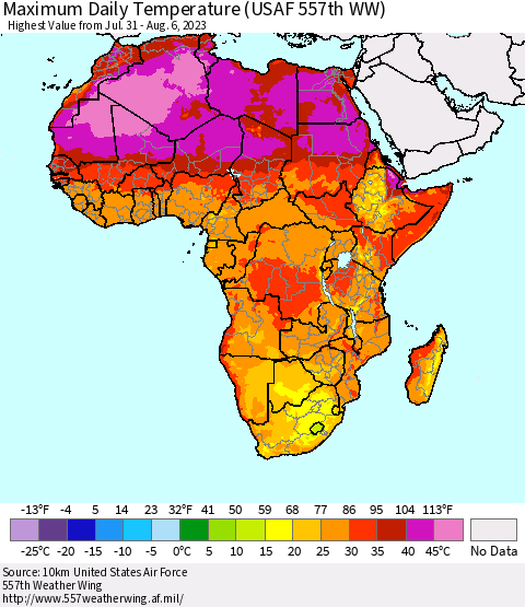 Africa Maximum Daily Temperature (USAF 557th WW) Thematic Map For 7/31/2023 - 8/6/2023