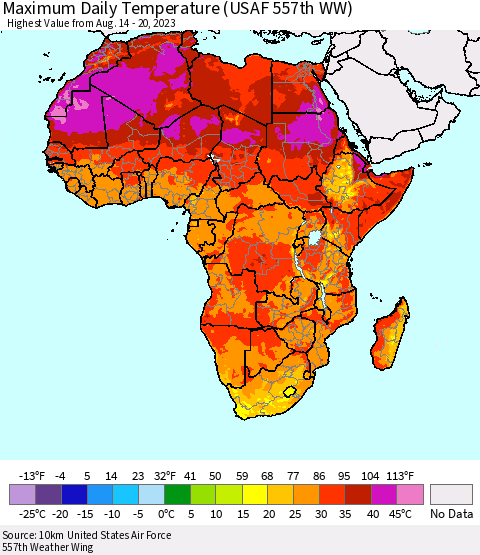 Africa Maximum Daily Temperature (USAF 557th WW) Thematic Map For 8/14/2023 - 8/20/2023