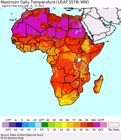 Africa Maximum Daily Temperature (USAF 557th WW) Thematic Map For 8/21/2023 - 8/27/2023