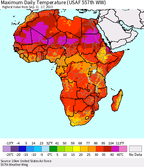 Africa Maximum Daily Temperature (USAF 557th WW) Thematic Map For 9/11/2023 - 9/17/2023