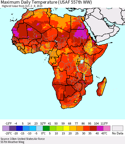 Africa Maximum Daily Temperature (USAF 557th WW) Thematic Map For 10/2/2023 - 10/8/2023