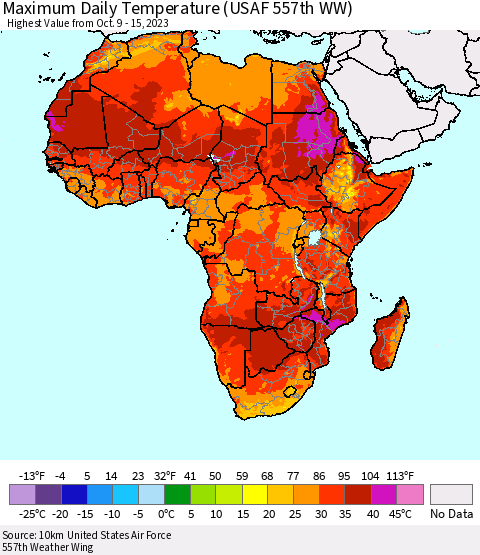 Africa Maximum Daily Temperature (USAF 557th WW) Thematic Map For 10/9/2023 - 10/15/2023