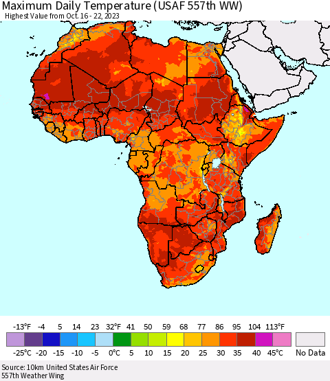 Africa Maximum Daily Temperature (USAF 557th WW) Thematic Map For 10/16/2023 - 10/22/2023