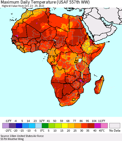 Africa Maximum Daily Temperature (USAF 557th WW) Thematic Map For 10/23/2023 - 10/29/2023