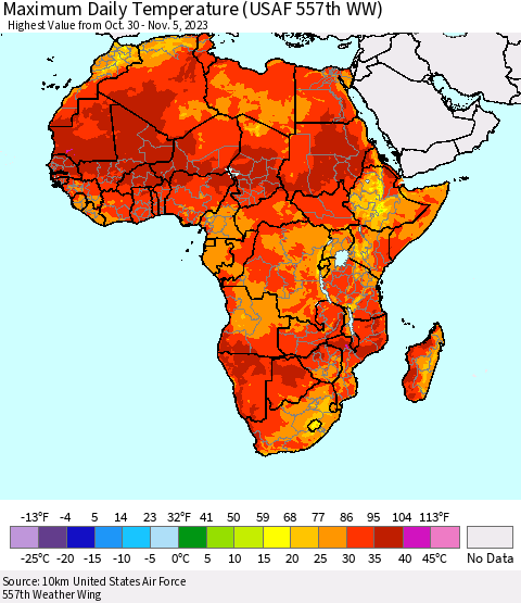 Africa Maximum Daily Temperature (USAF 557th WW) Thematic Map For 10/30/2023 - 11/5/2023