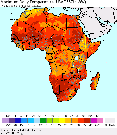 Africa Maximum Daily Temperature (USAF 557th WW) Thematic Map For 11/6/2023 - 11/12/2023