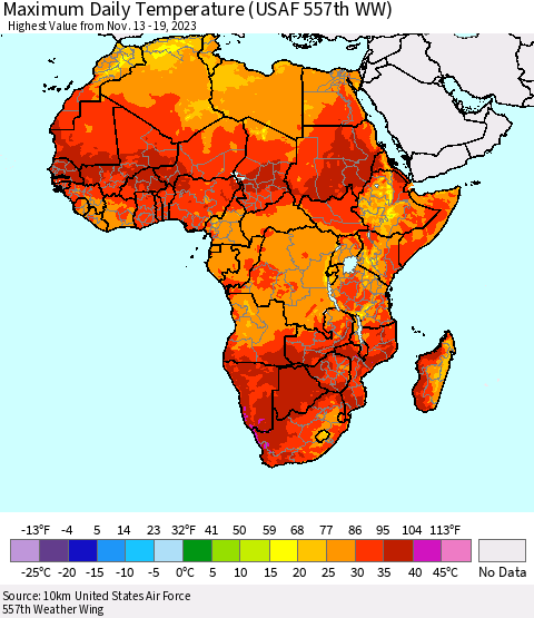 Africa Maximum Daily Temperature (USAF 557th WW) Thematic Map For 11/13/2023 - 11/19/2023