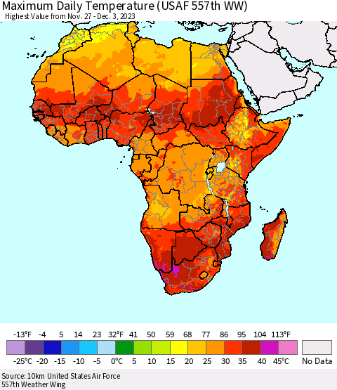 Africa Maximum Daily Temperature (USAF 557th WW) Thematic Map For 11/27/2023 - 12/3/2023