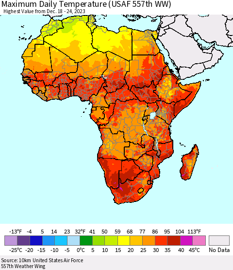 Africa Maximum Daily Temperature (USAF 557th WW) Thematic Map For 12/18/2023 - 12/24/2023