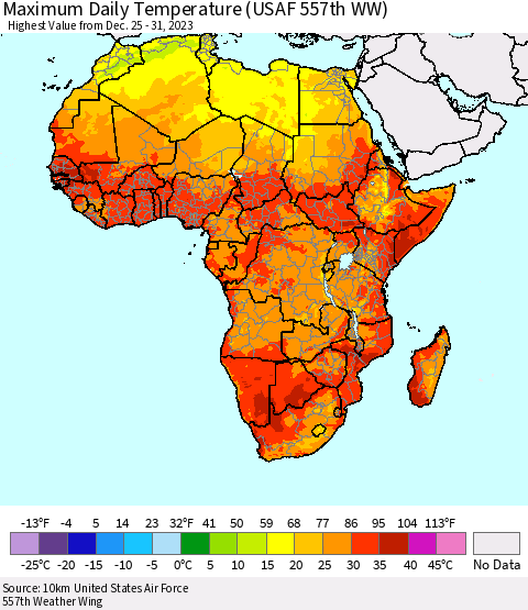 Africa Maximum Daily Temperature (USAF 557th WW) Thematic Map For 12/25/2023 - 12/31/2023