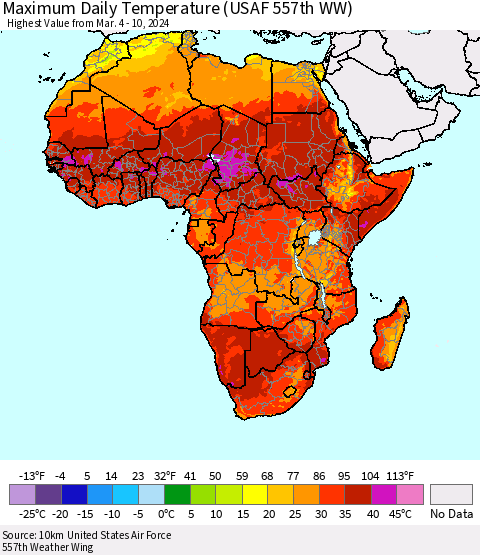 Africa Maximum Daily Temperature (USAF 557th WW) Thematic Map For 3/4/2024 - 3/10/2024