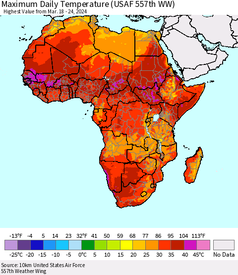 Africa Maximum Daily Temperature (USAF 557th WW) Thematic Map For 3/18/2024 - 3/24/2024