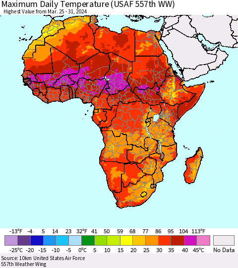 Africa Maximum Daily Temperature (USAF 557th WW) Thematic Map For 3/25/2024 - 3/31/2024