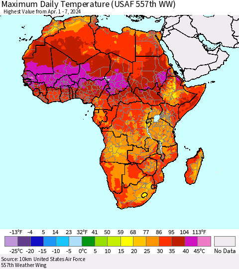 Africa Maximum Daily Temperature (USAF 557th WW) Thematic Map For 4/1/2024 - 4/7/2024