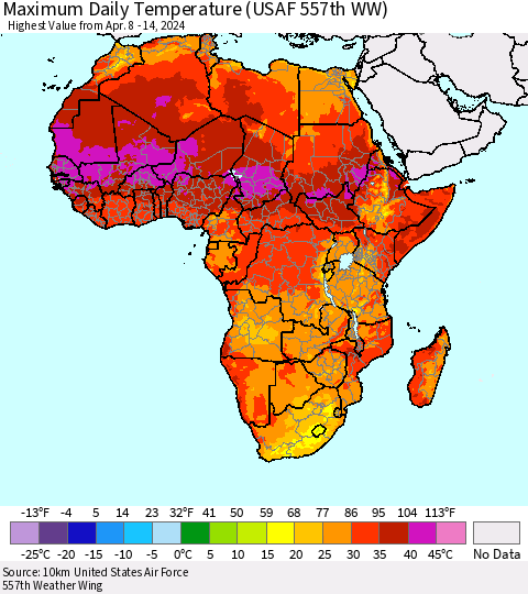 Africa Maximum Daily Temperature (USAF 557th WW) Thematic Map For 4/8/2024 - 4/14/2024